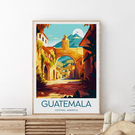 Guatemala Antigua Colonial Arch Volcano Street Scene Travel Poster