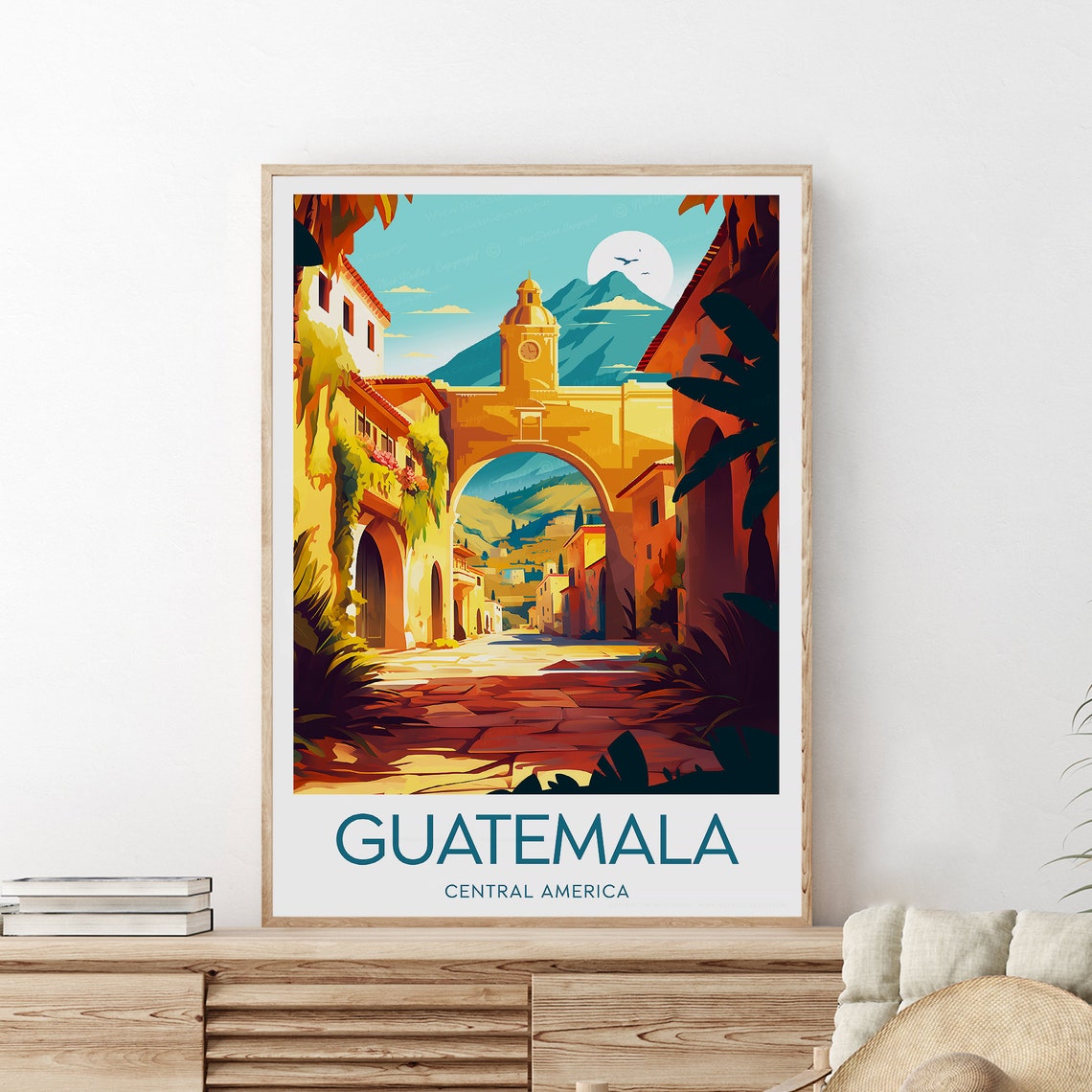 Guatemala Antigua Colonial Arch Volcano Street Scene Travel Poster