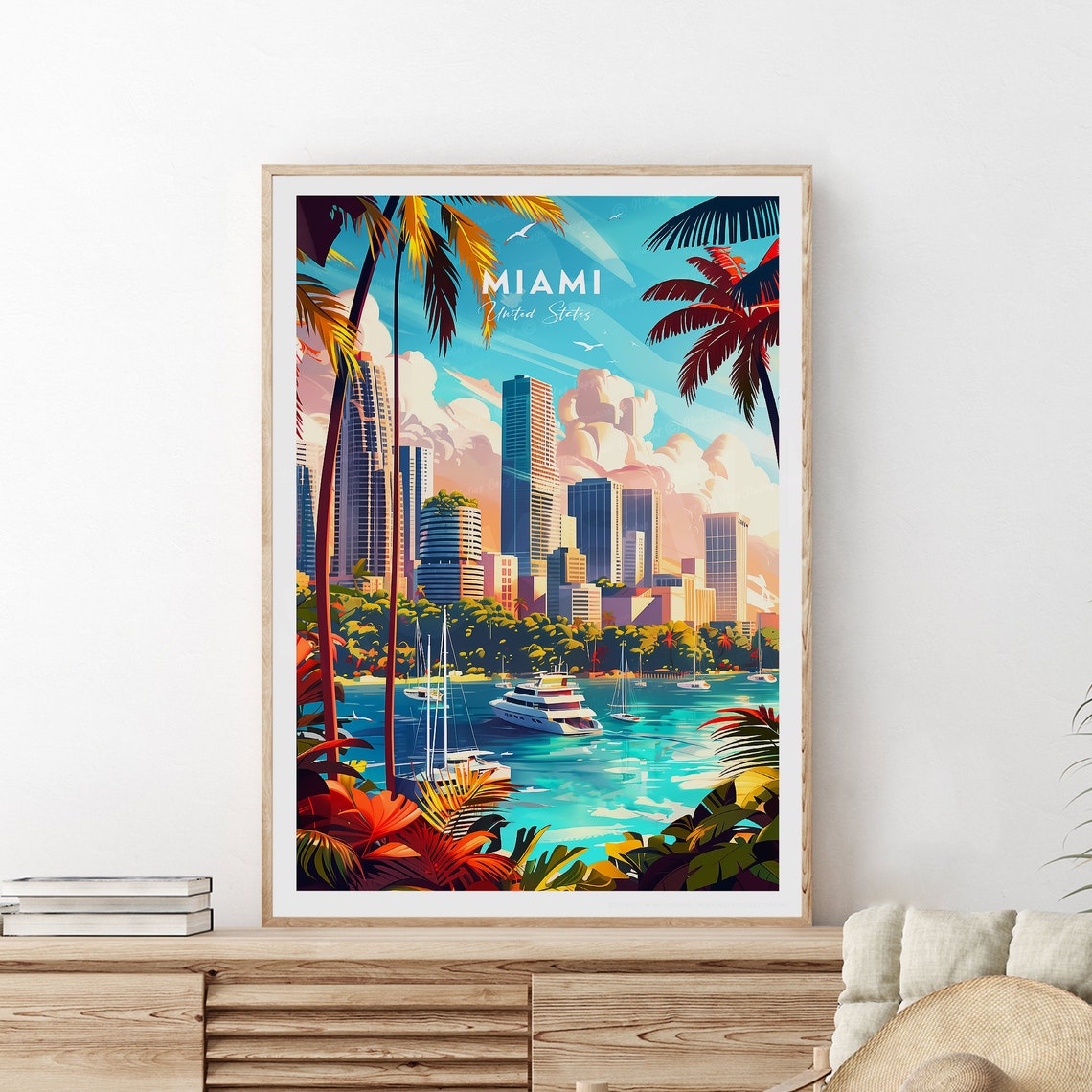 Miami Skyline Yachts Palm Trees Biscayne Bay Tropical Poster - Image 2