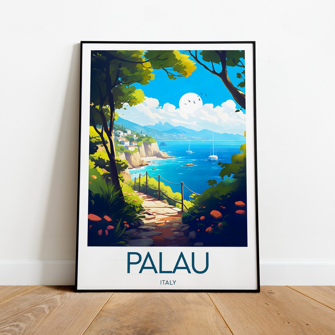 Palau Italy Coastal Path Sailboats Blue Bay View Travel Poster - Image 2