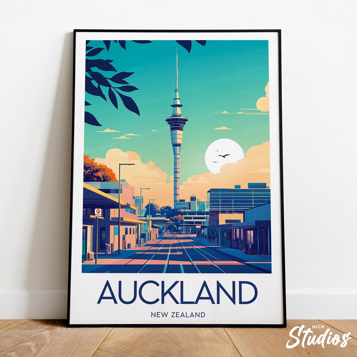 Auckland New Zealand Sky Tower Sunset City Street Travel Poster