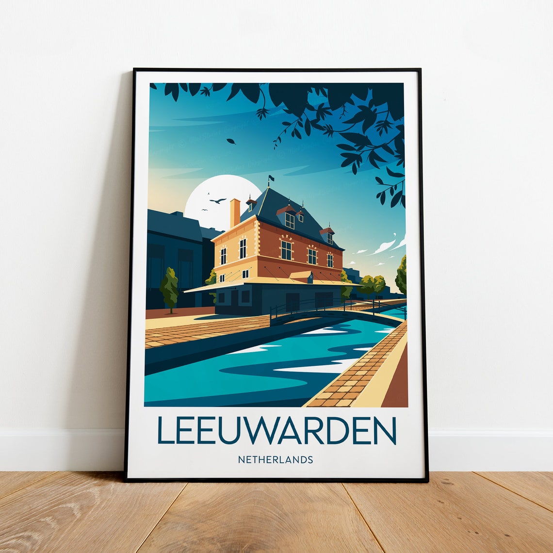Leeuwarden Netherlands Sunset Canal Historic Brick Building Poster
