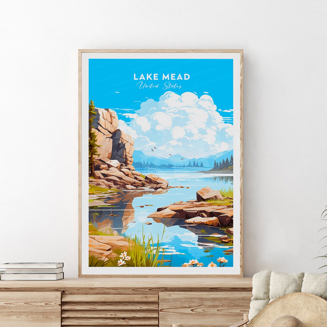 Lake Mead Nevada Rocky Cove Wildflowers Blue Water Travel Poster - Image 2