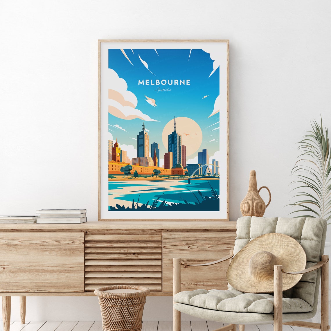 Melbourne Australia City Skyline Sun River Vintage Travel Poster