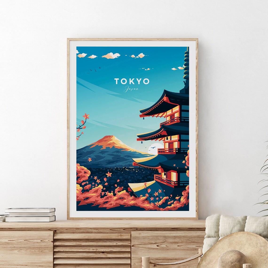 Tokyo Japan Mount Fuji Pagoda Cherry Blossom Retro Travel Poster