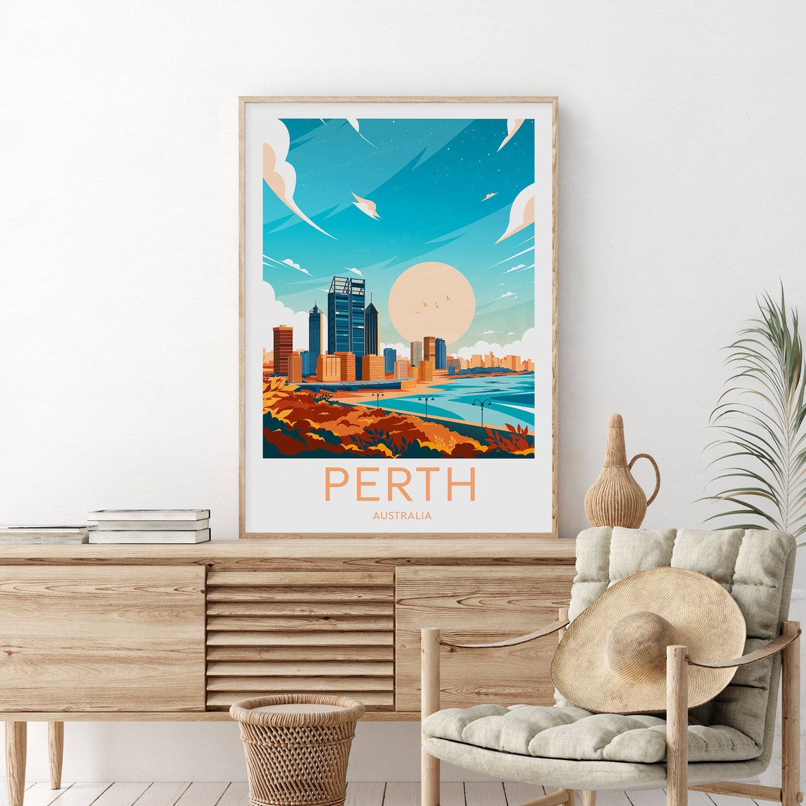 Perth Australia City Skyline Sunset Vintage Travel Poster Art