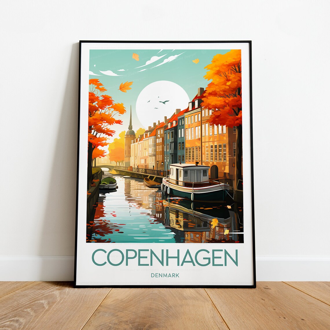 Copenhagen Autumn Canal with Colorful Nyhavn Houses and Boats Poster - Image 2