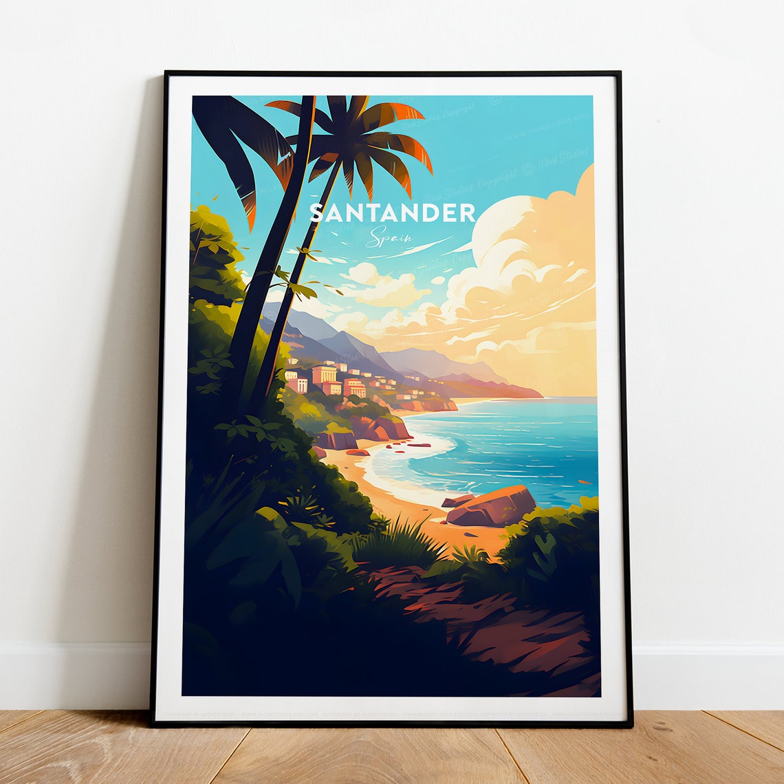 Santander Spain Palm Beach Coastal Town Seaside Sunset Travel Poster