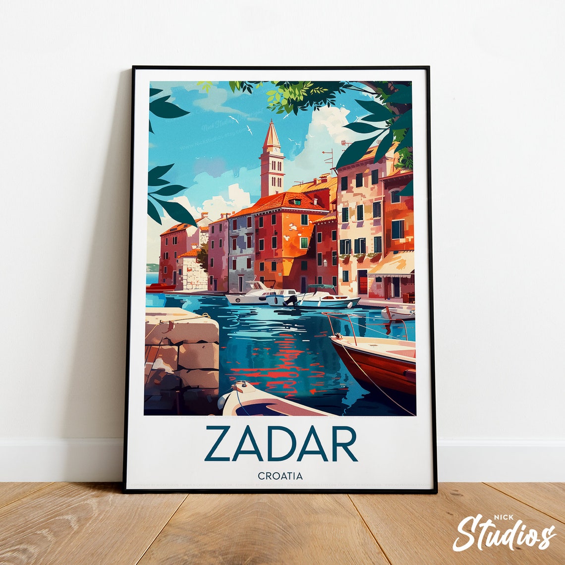 Zadar Croatia Old Harbor Boats Red Rooftop Bell Tower Poster