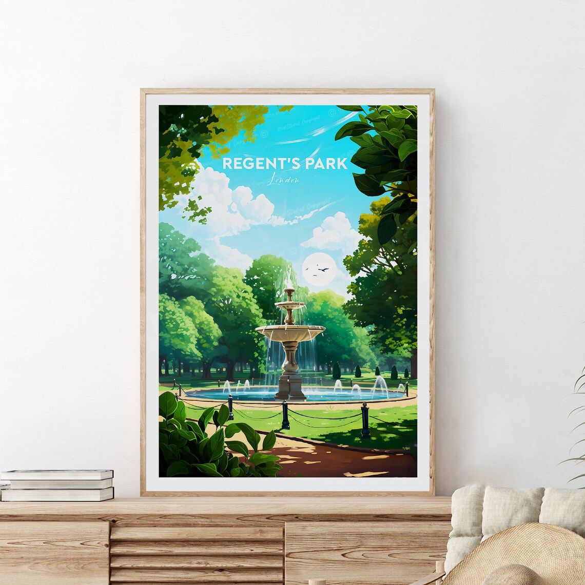 Regents Park London Garden Fountain Vintage Travel Poster Artwork