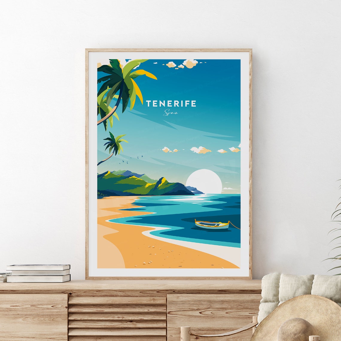 Tenerife Spain Golden Beach Island Boat Palm Trees Sunset Poster