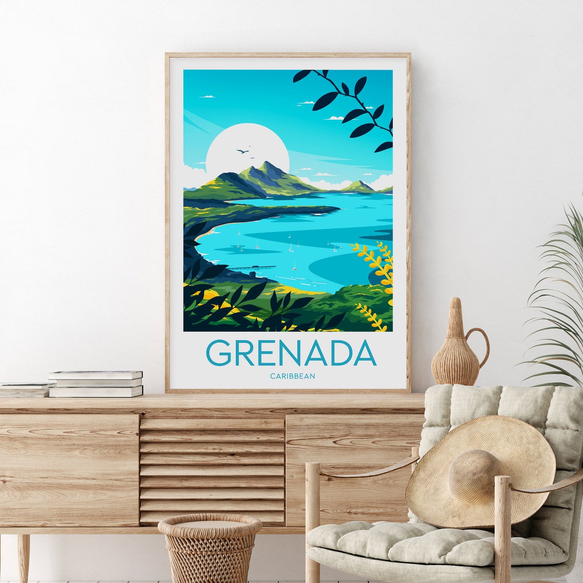 Grenada Caribbean Sailboat Bay Mountains Vintage Travel Poster - Image 2
