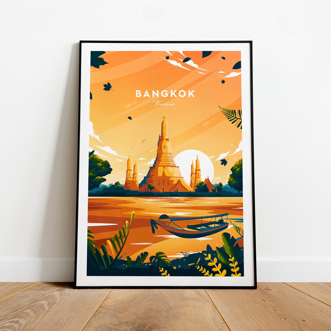 Bangkok Thailand Temple Sunset Riverside Golden Hour Travel Poster