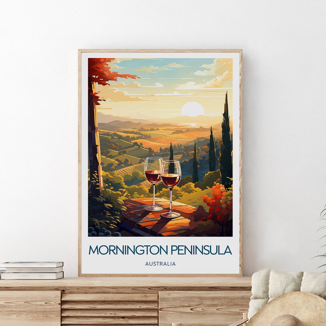 Mornington Peninsula Golden Autumn Sunset with Wine Glasses Poster