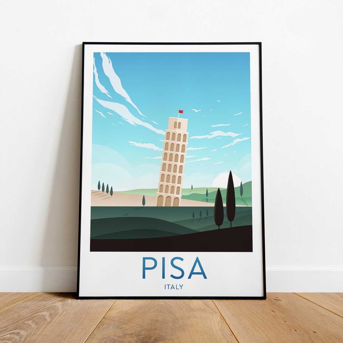 Pisa Italy Leaning Tower Rolling Hills Classic Travel Poster