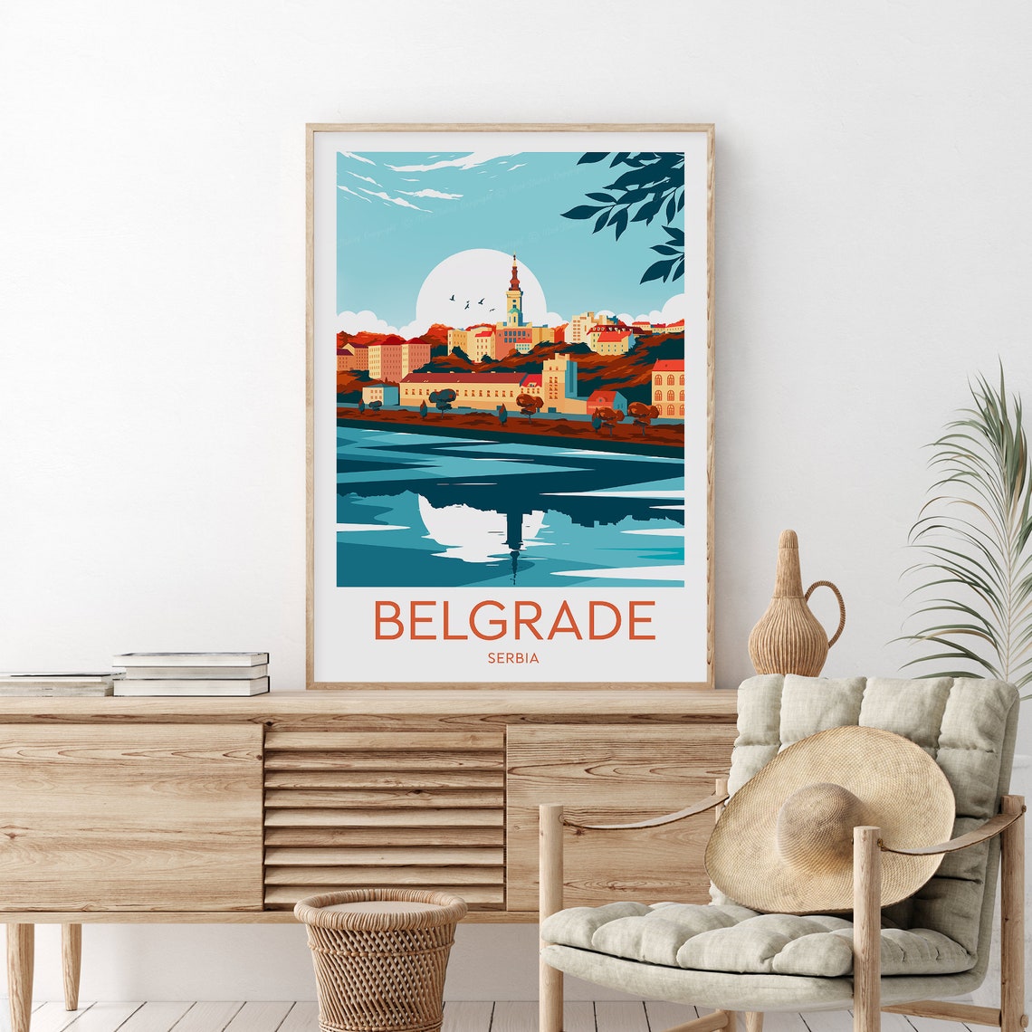 Belgrade Serbia Riverside Skyline Bright Blue Day Travel Poster