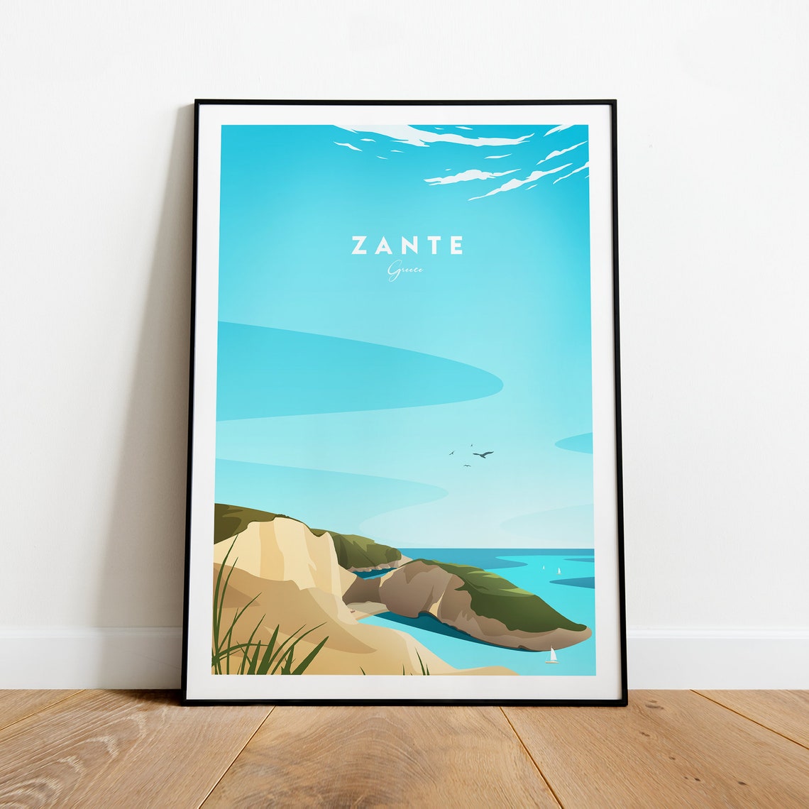 Zante Greece White Cliffs Turquoise Sea View Travel Poster Zakynthos - Image 2
