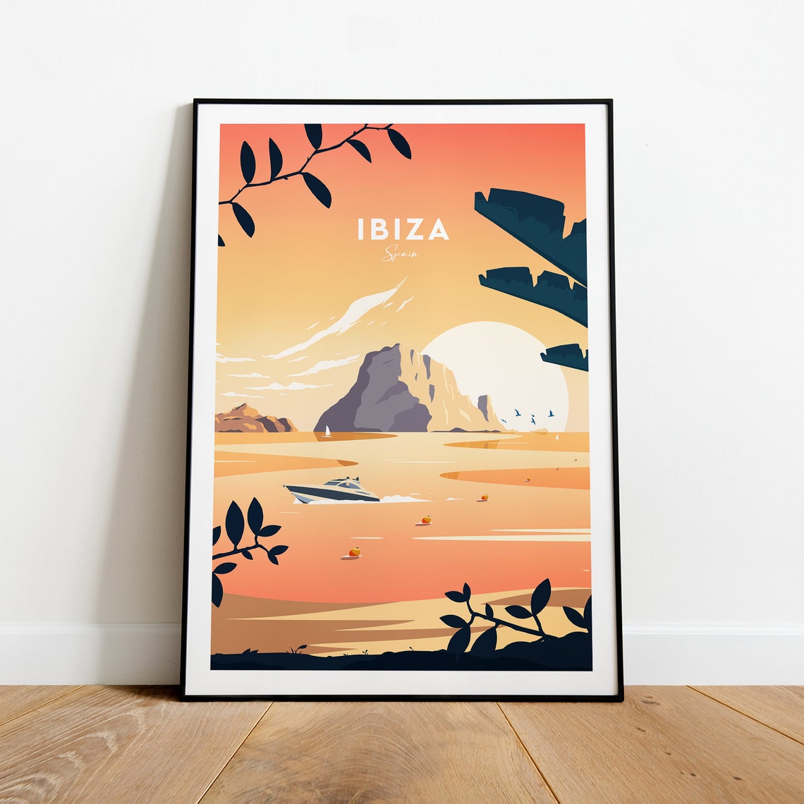 Ibiza Spain Sunset Over The Sea With Boat And Rocky Island Poster