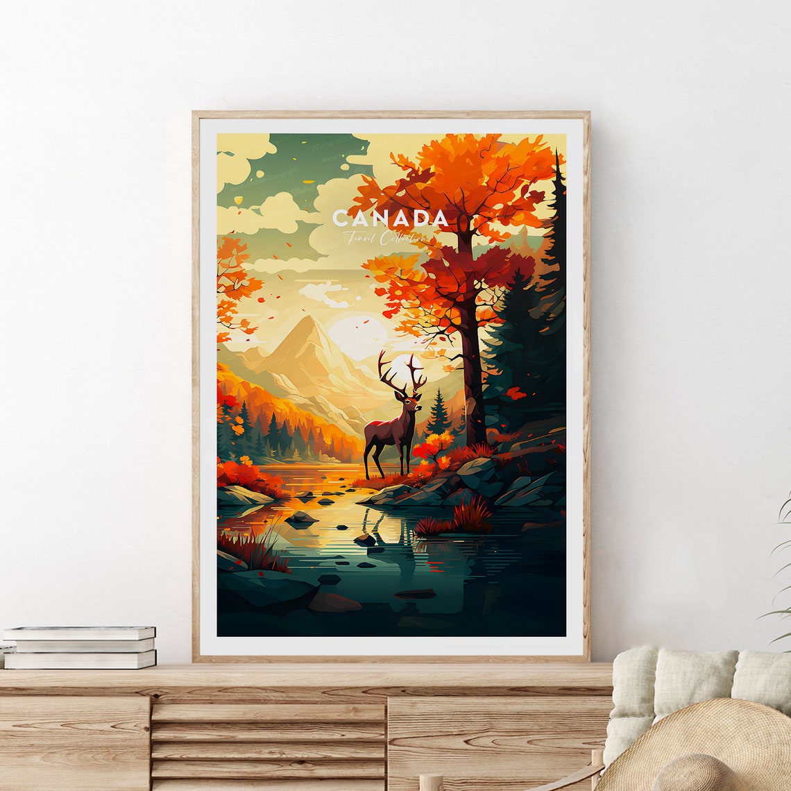 Canada Stag Autumn Lake Mountains Travel Collection Wall Art - Image 2