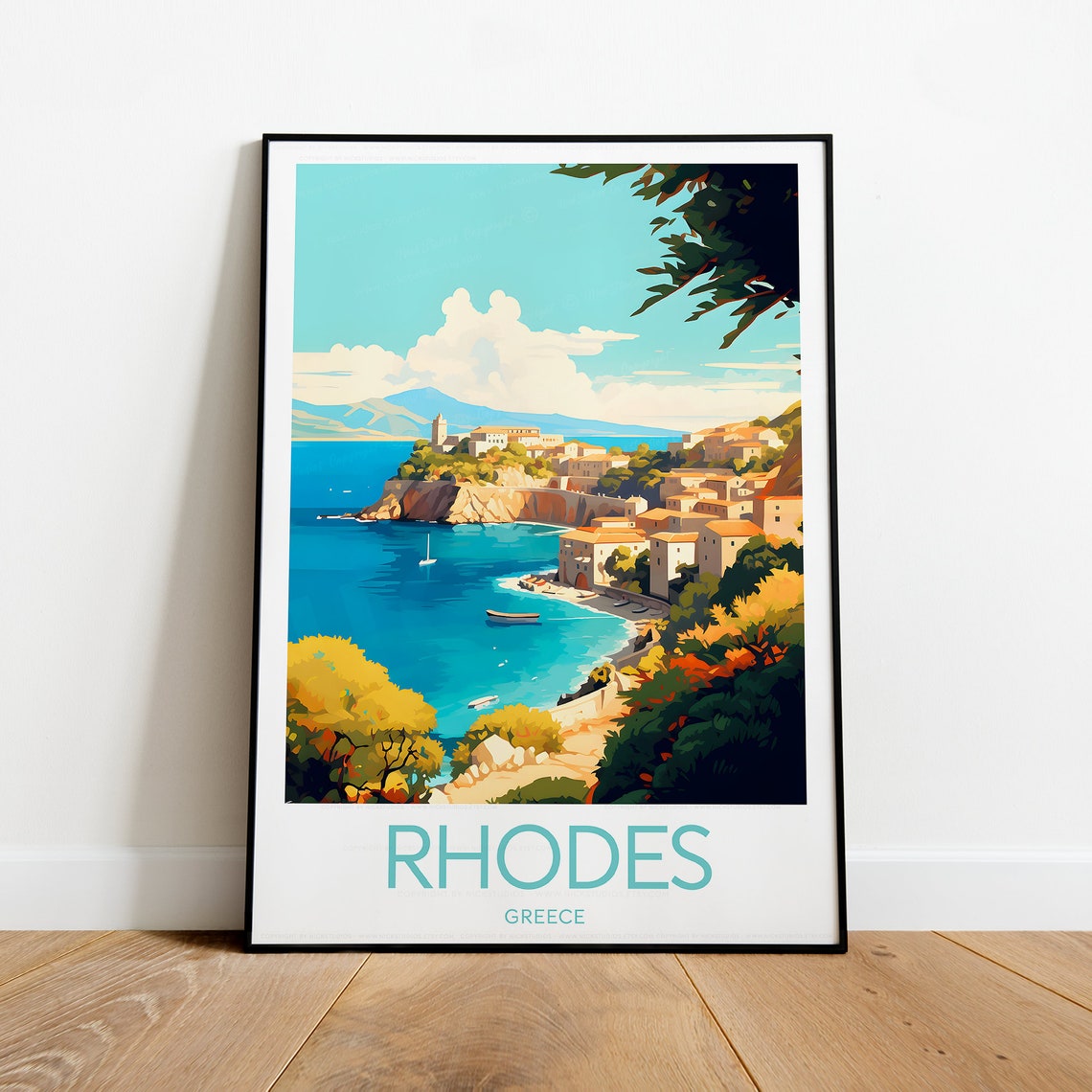Rhodes Greece Island Coastal Old Town Turquoise Bay Scene Poster