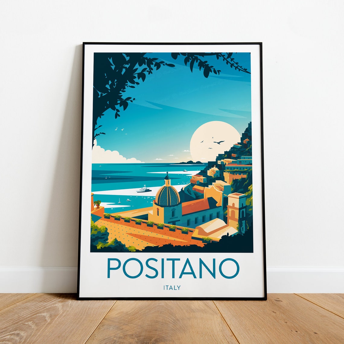 Positano Italy Coastal Church Dome Cliffs Vintage Style Travel Poster