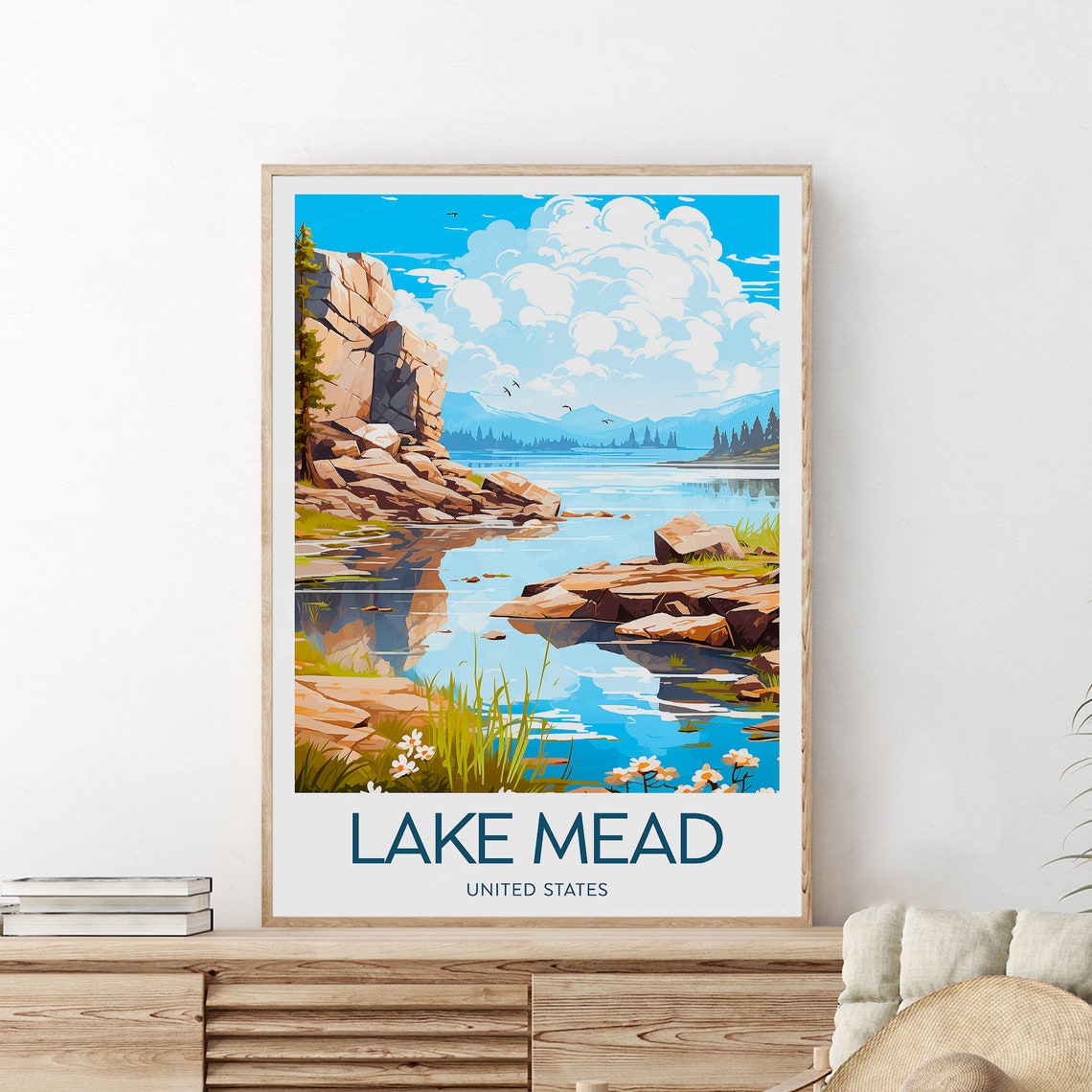 Lake Mead Nevada Tranquil Rocky Shore Reflection Travel Poster