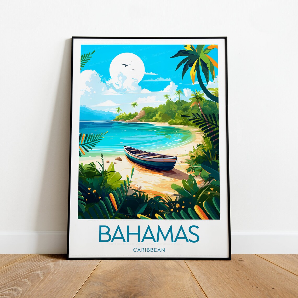 Bahamas Caribbean Tropical Beach Cove Wooden Boat Travel Poster - Image 2