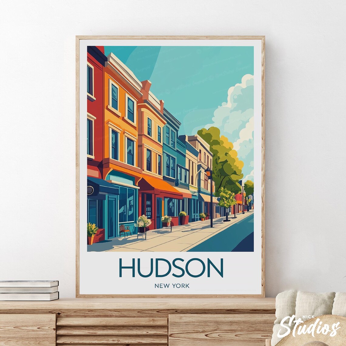 Hudson New York Historic Main Street Shops Retro Travel Poster