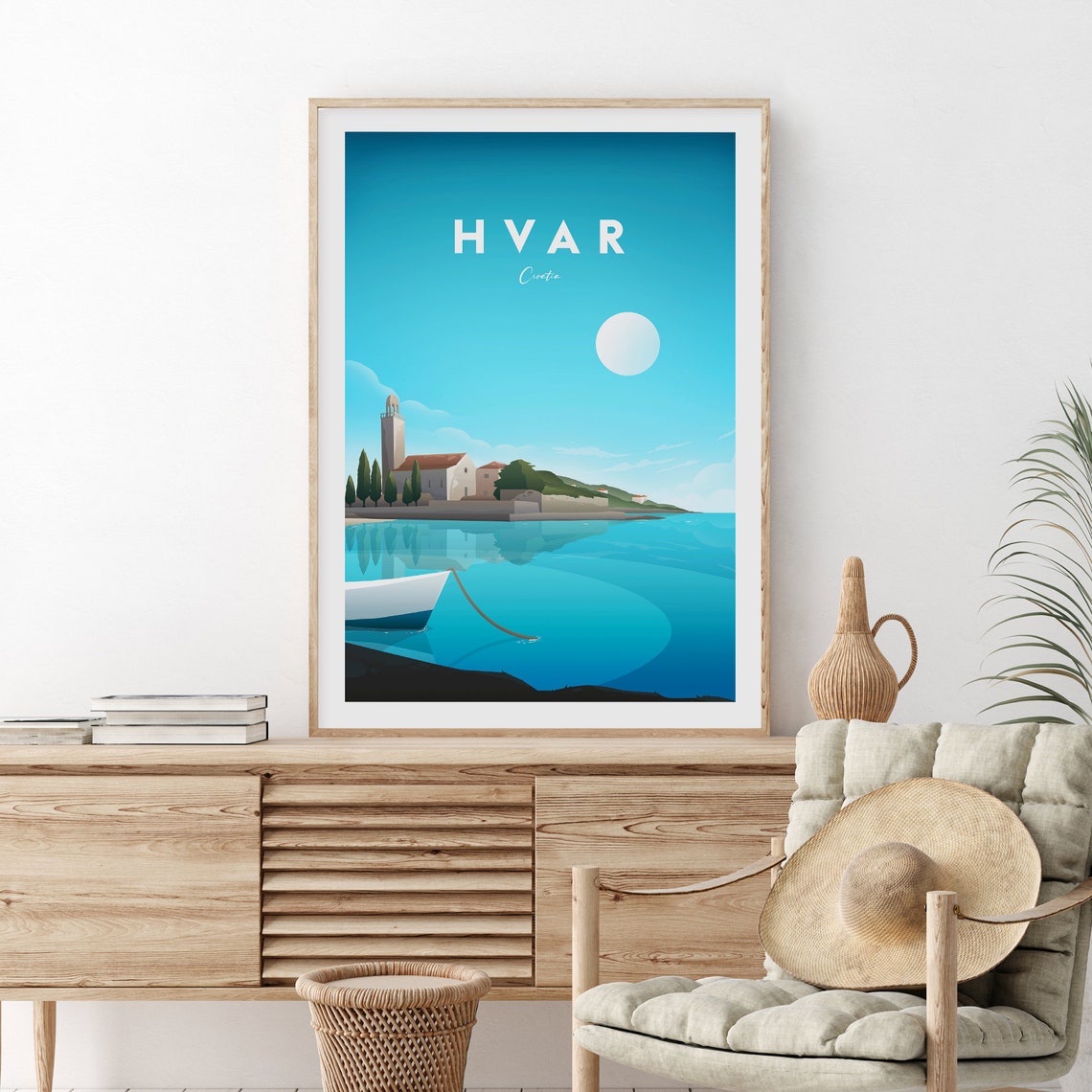 Hvar Croatia Minimalist Harbor And Bell Tower Morning Poster - Image 2