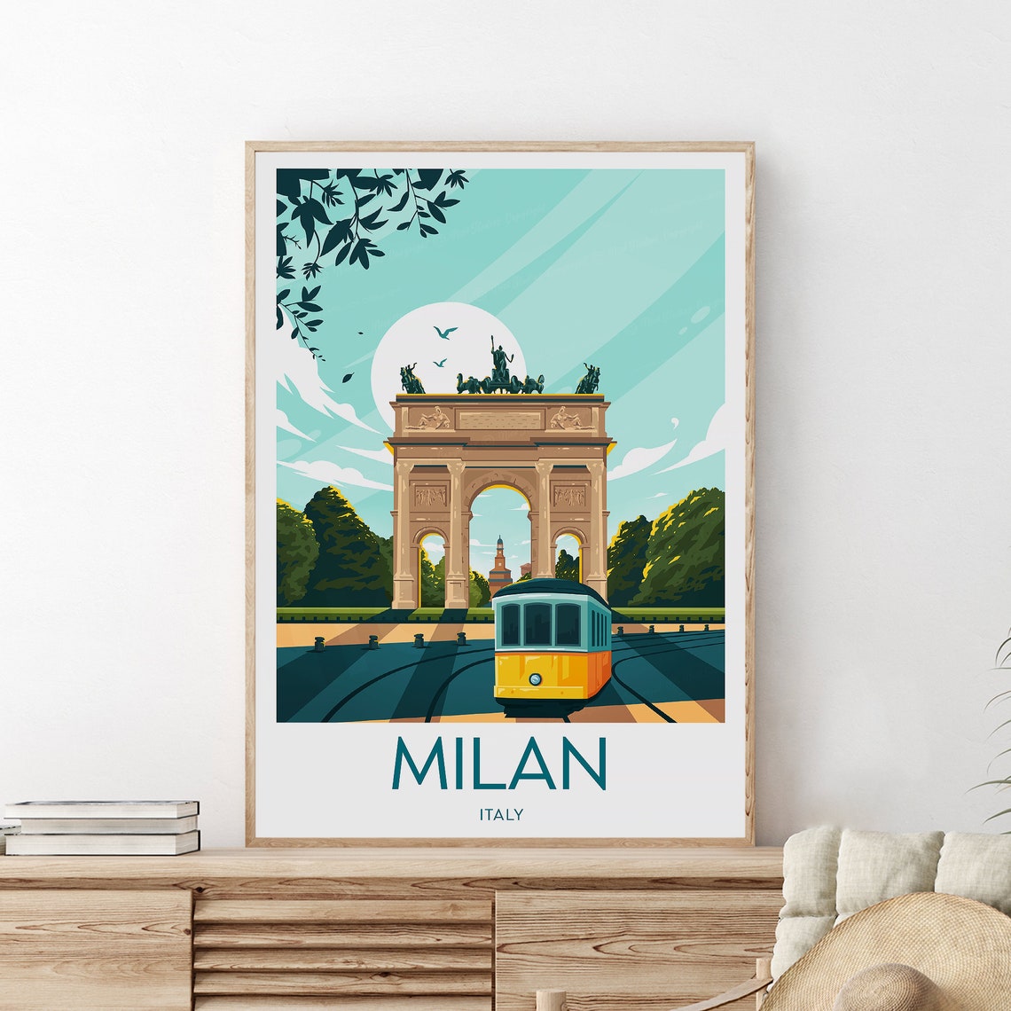 Milan Arco della Pace Arch with Yellow Tram at Moonrise Poster - Image 2