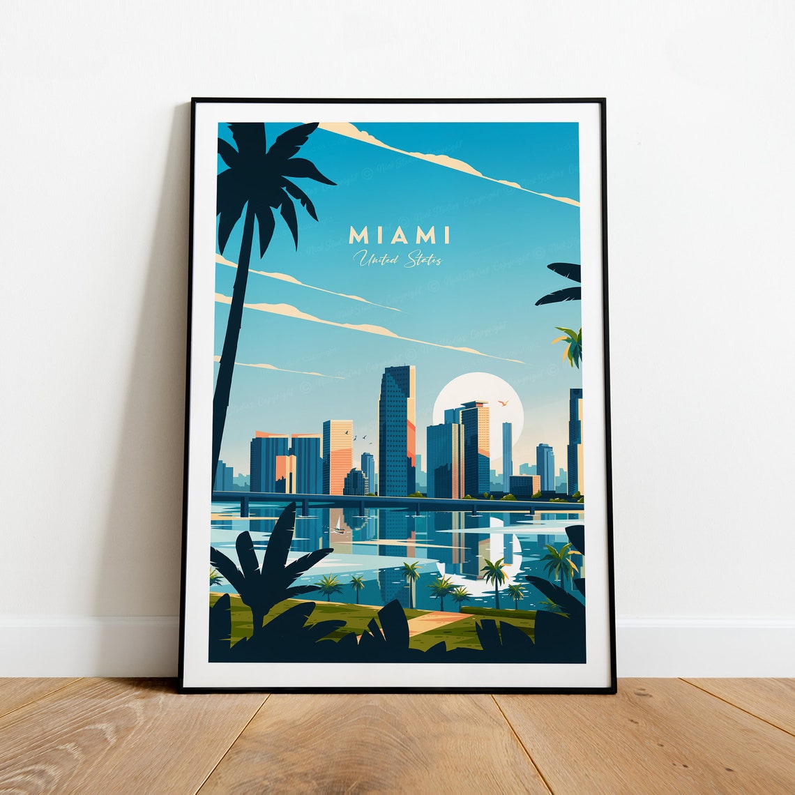 Miami Florida Skyline Across the Water With Palm Trees Poster - Image 2