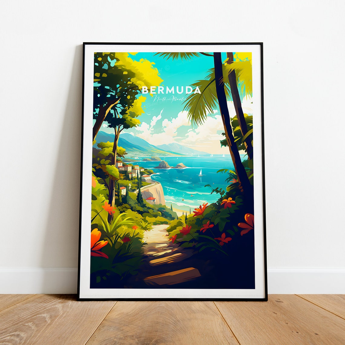 Bermuda Tropical Coast Travel Poster with North Atlantic Bay Scene