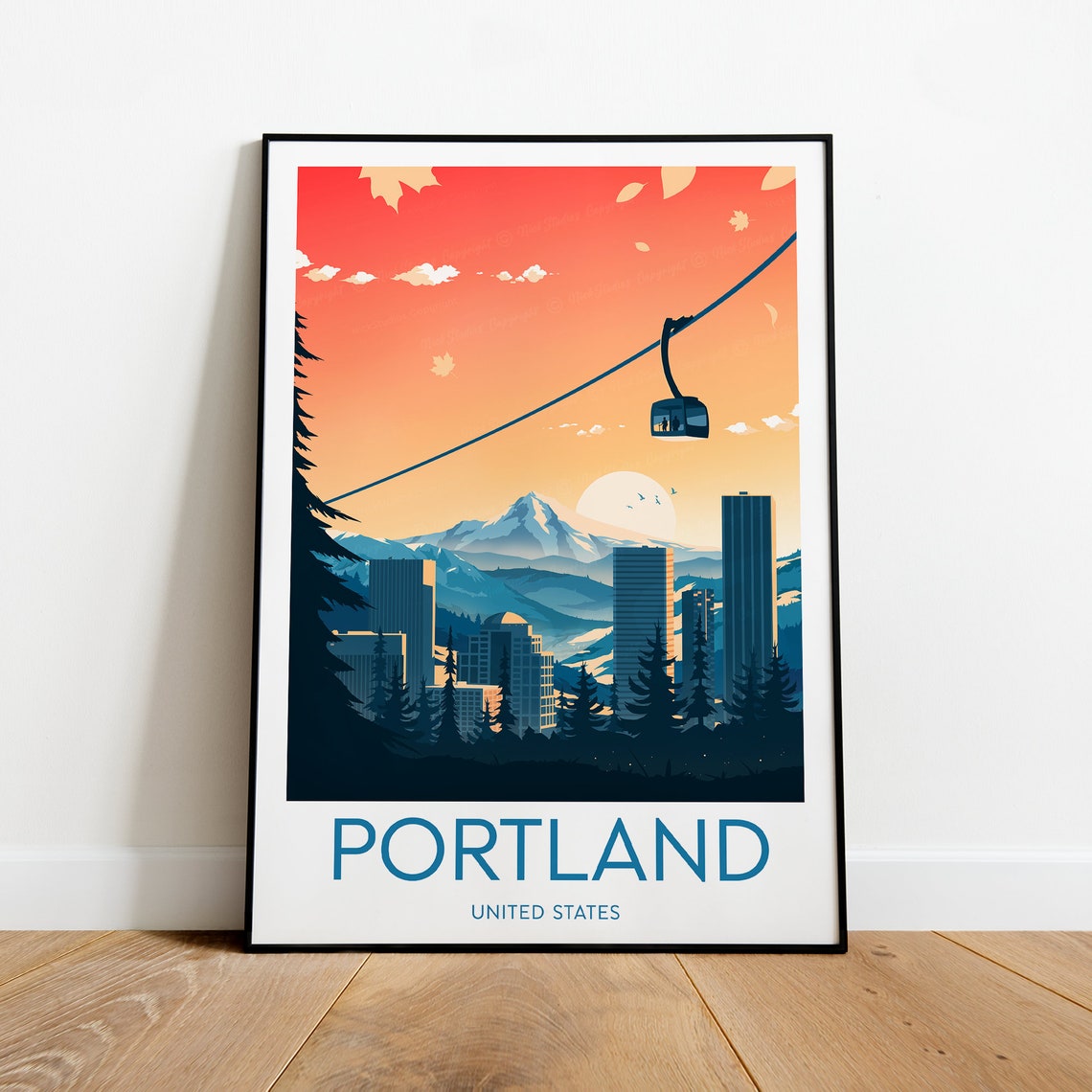 Portland Oregon Skyline Cable Car Sunset United States Poster