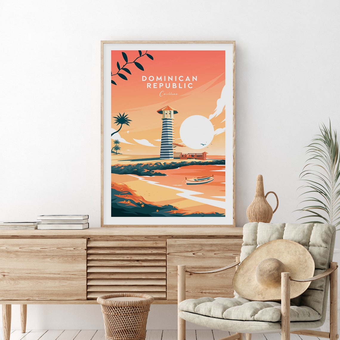 Dominican Republic Caribbean Sunset Lighthouse Beach Travel Poster