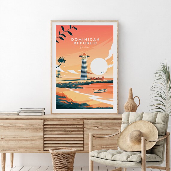Dominican Republic Caribbean Sunset Lighthouse Beach Travel Poster