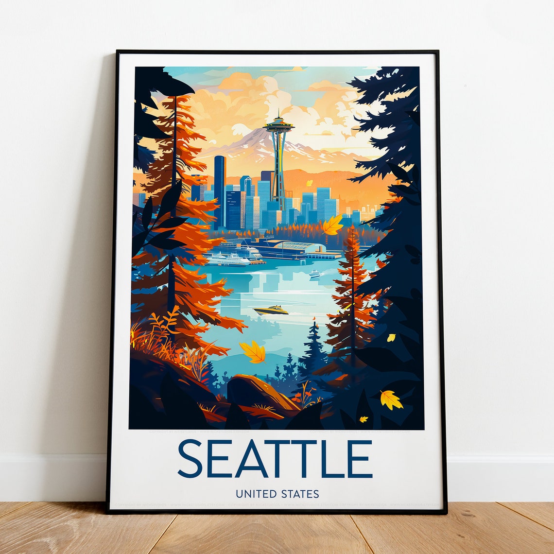 Seattle United States Space Needle Autumn Harbor View Poster