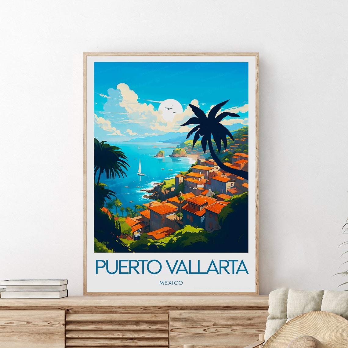 Puerto Vallarta Tropical Bay Palm Trees Mexico Travel Poster