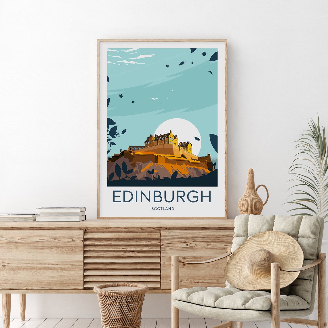 Edinburgh Scotland Castle Rock Golden Sunset Minimal Travel Poster
