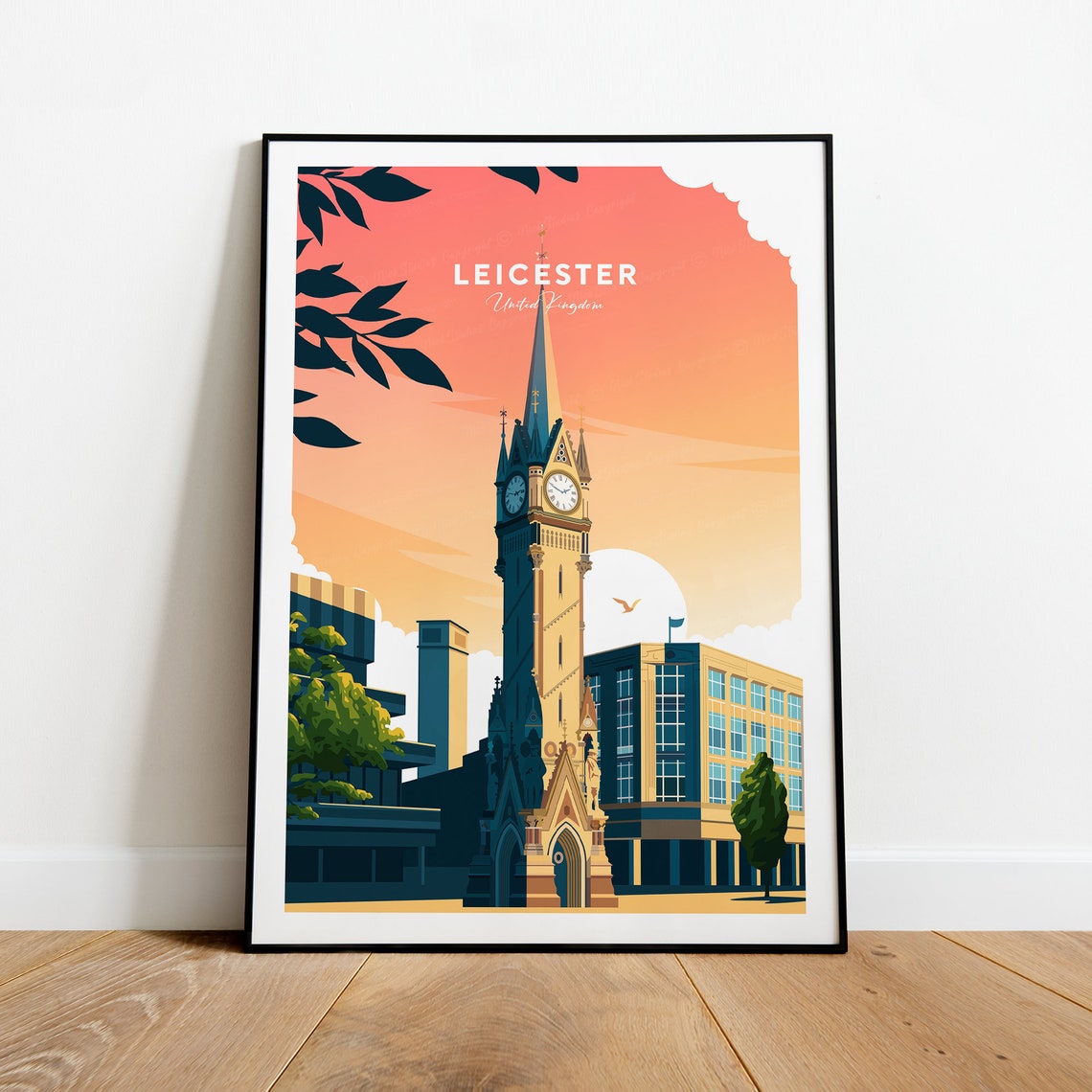 Leicester United Kingdom Clock Tower Evening Skyline Travel Poster