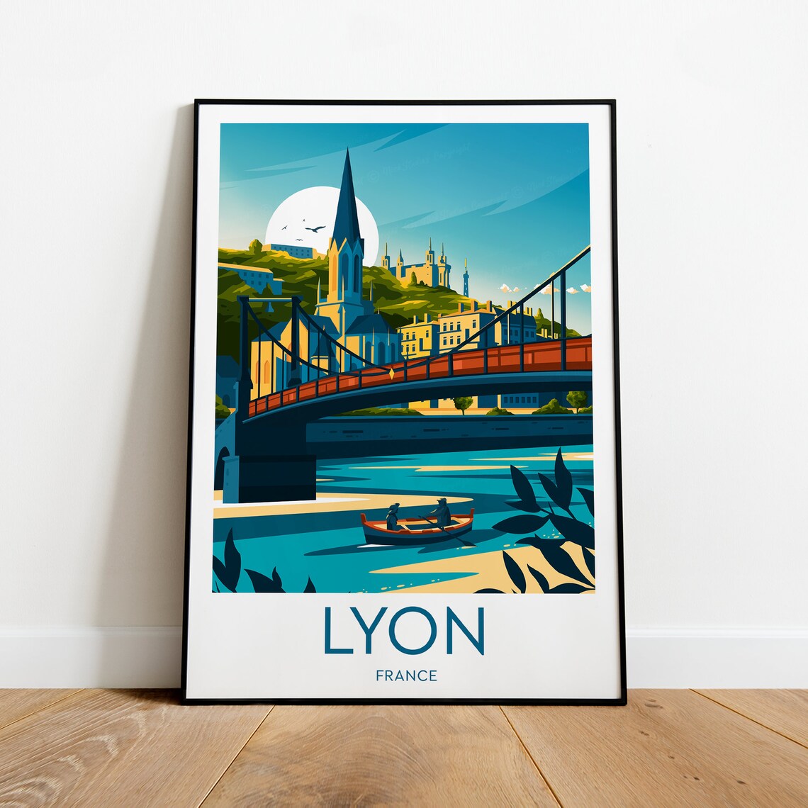 Lyon France Bridge Over the River Rowboat Moon Travel Poster