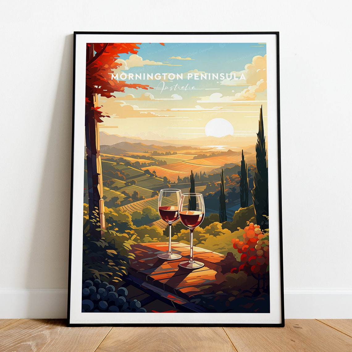 Mornington Peninsula Sunset Toast with Two Red Wine Glasses Poster