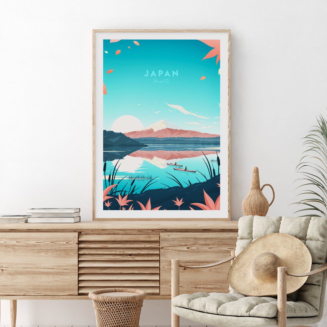 Mount Fuji Japan Autumn Lake Canoe Sunrise Glow Travel Poster