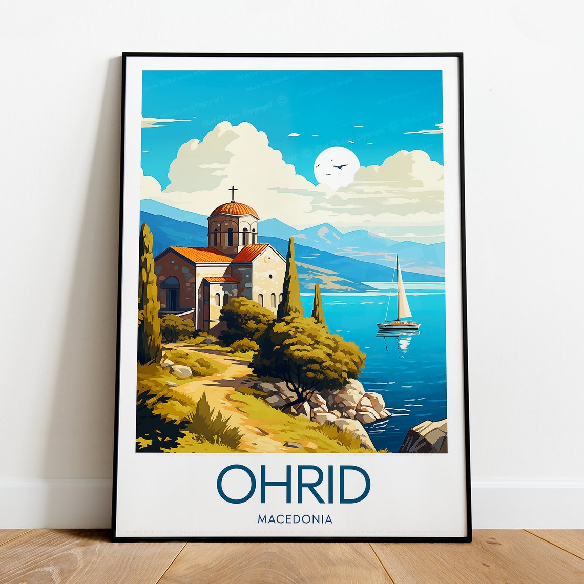 Ohrid Macedonia Lakeside Church Sailboat Sunset Travel Poster - Image 2