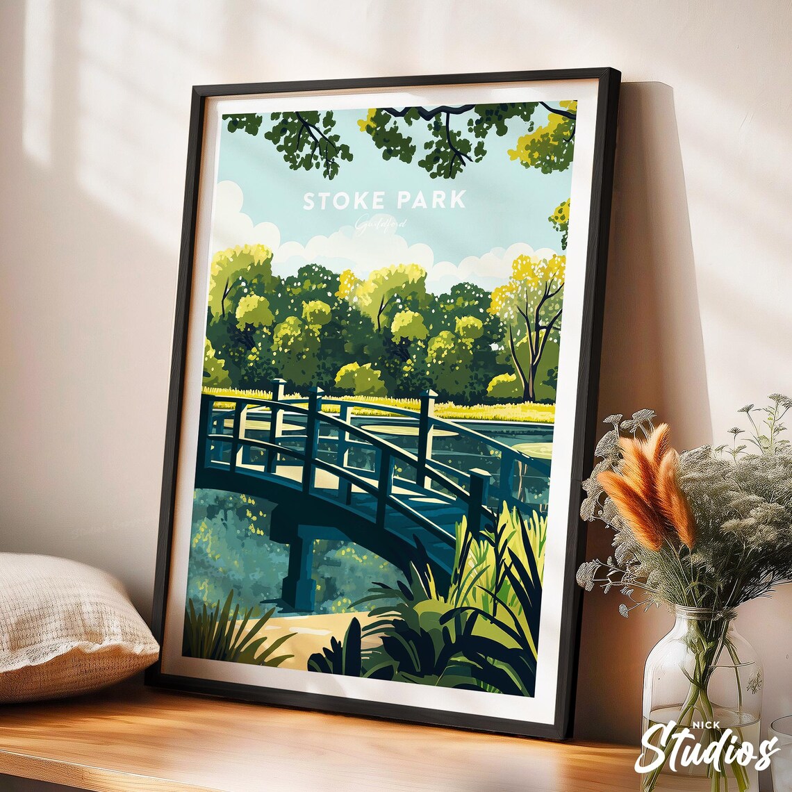 Stoke Park Guildford Wooden Bridge Retro English Countryside Poster