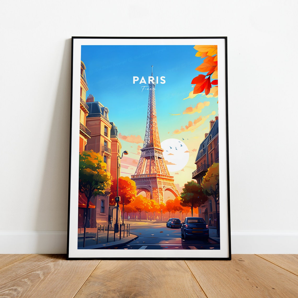 Paris Eiffel Tower Autumn Sunset Boulevard Scene Travel Poster