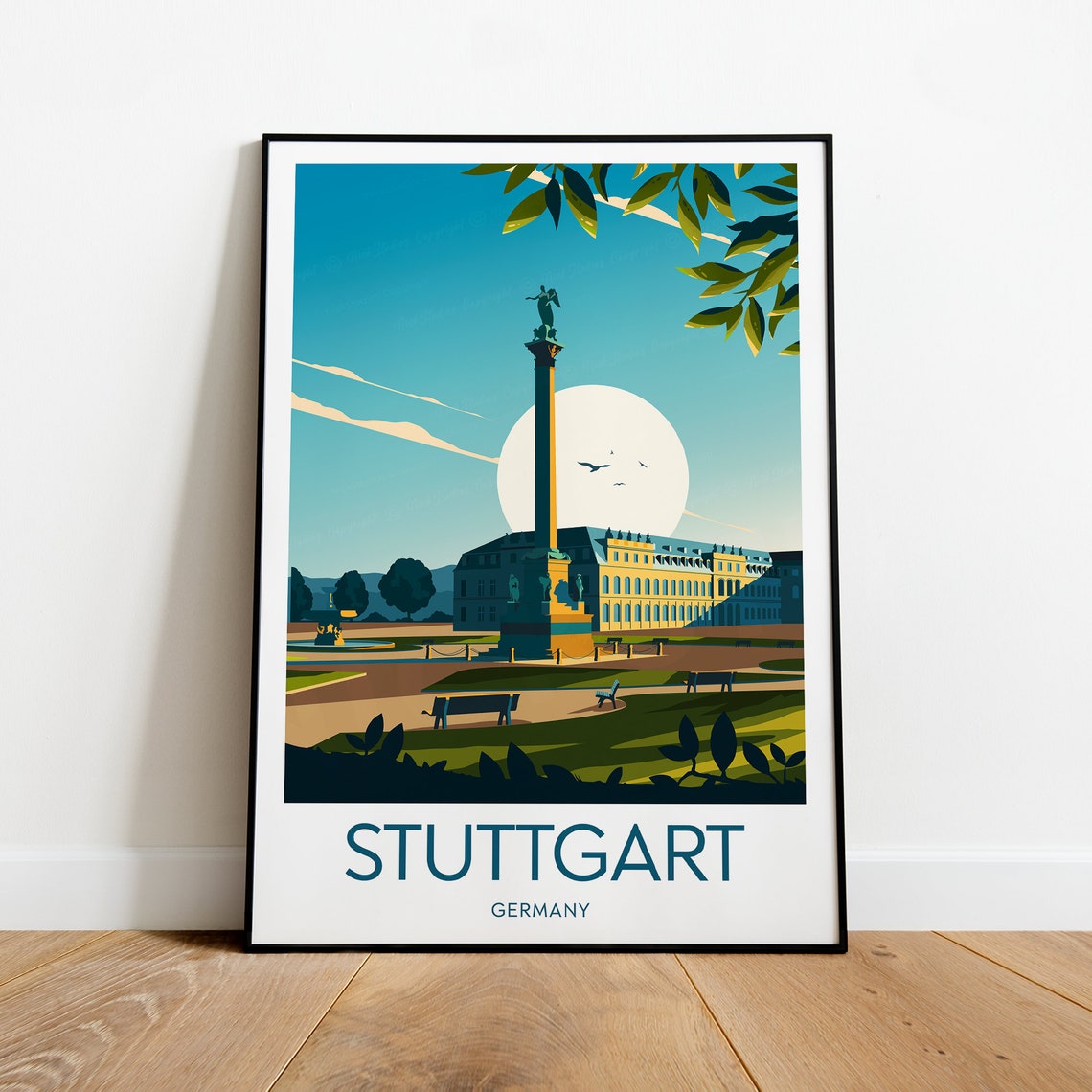 Stuttgart Germany Jubilee Column Palace Vintage Travel Poster