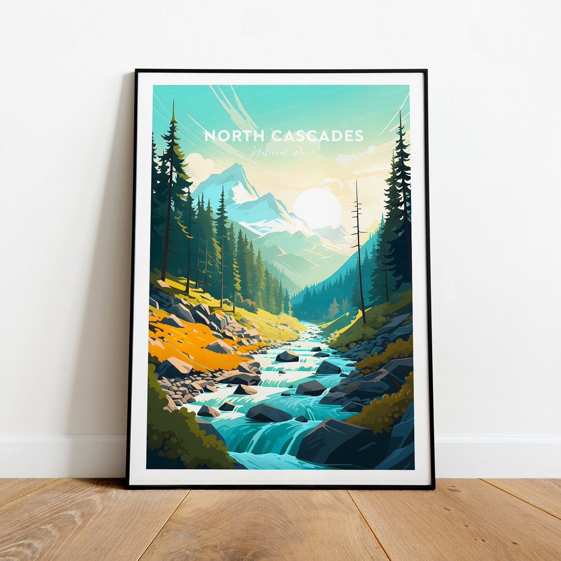 North Cascades Forest River Mountain Peaks Washington Travel Poster - Image 2