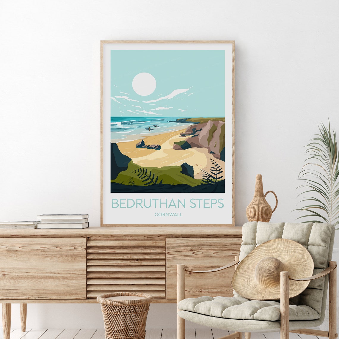 Bedruthan Steps Cornwall Beach Cliffs and Sandy Cove Travel Poster