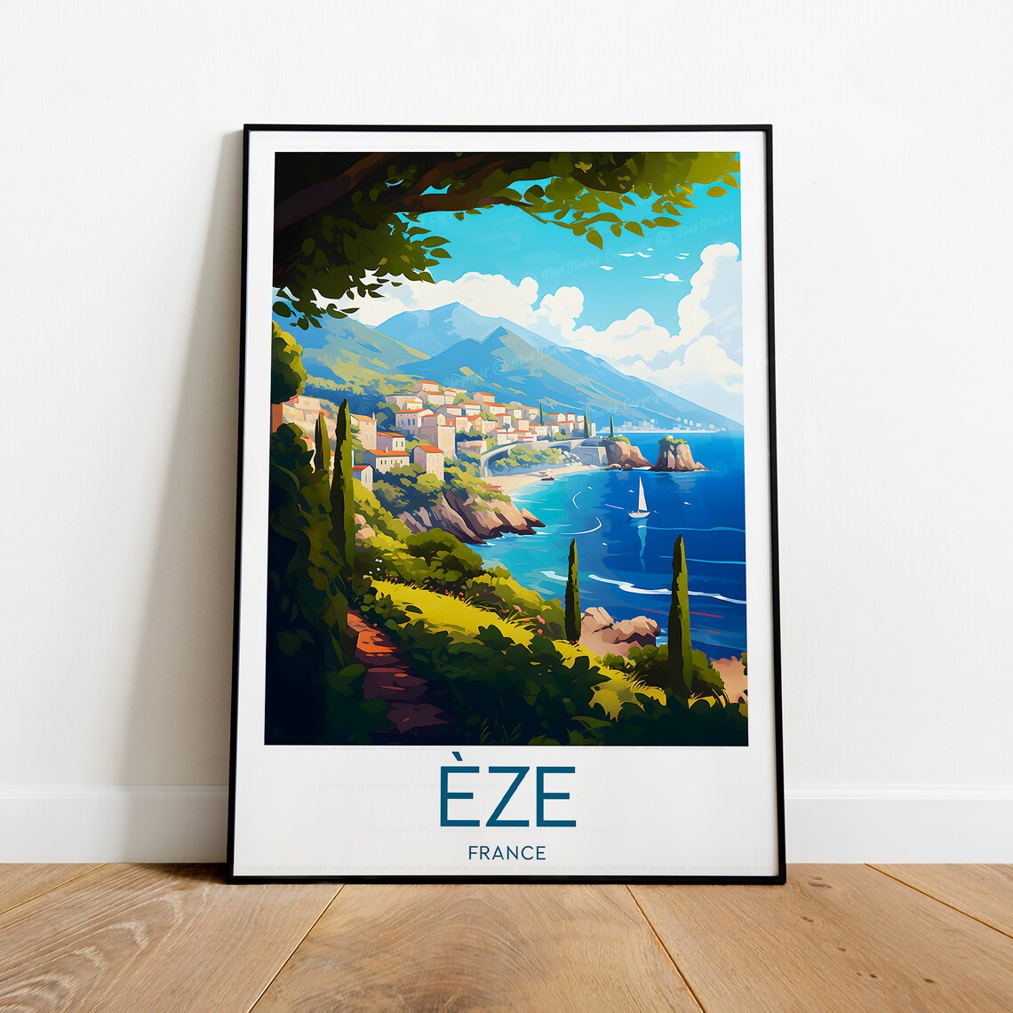 Eze France Coastal Village Cypress Trees Sailboat Sea Travel Poster - Image 2