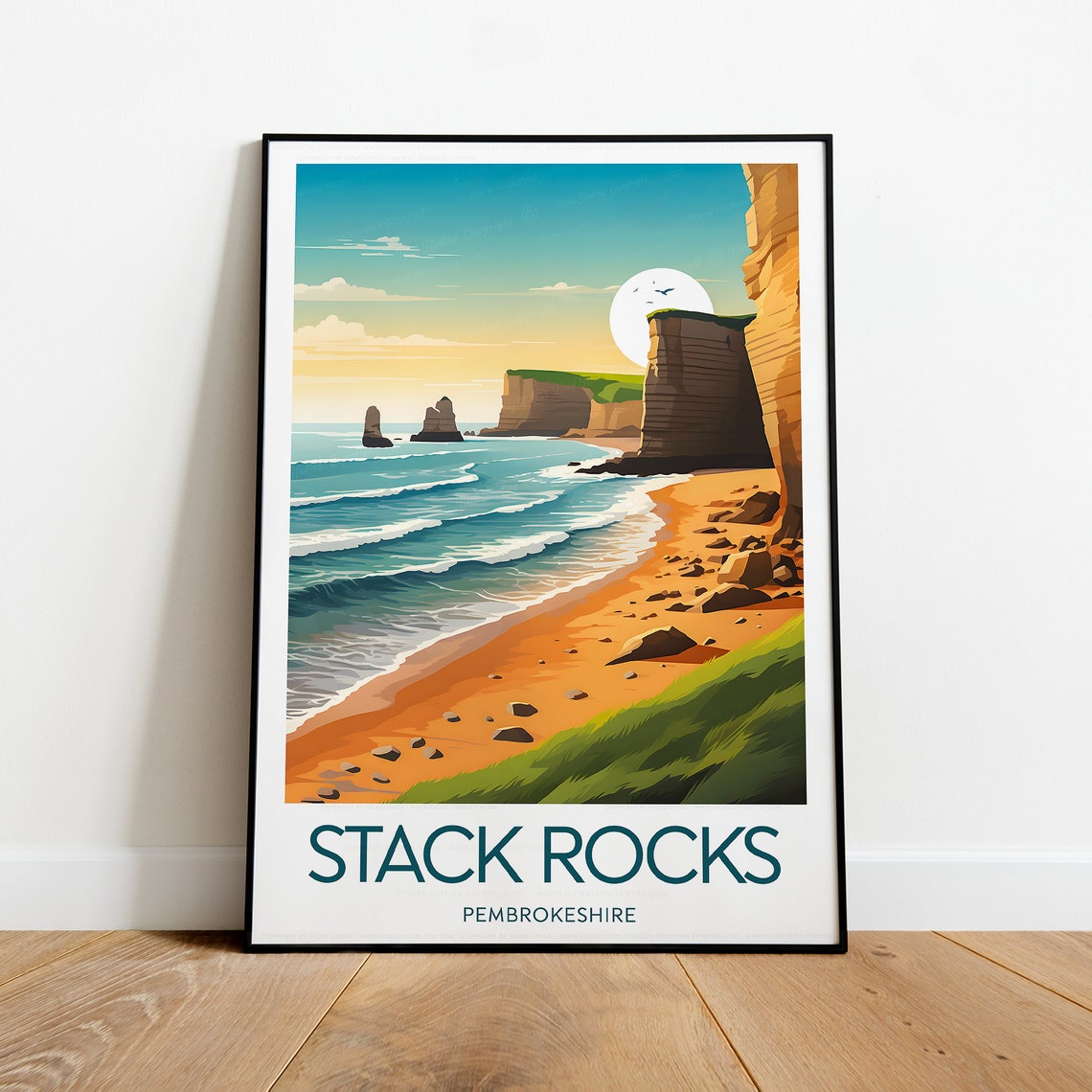Stack Rocks Pembrokeshire Golden Cliffs Beach Coast Travel Poster